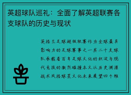 英超球队巡礼：全面了解英超联赛各支球队的历史与现状