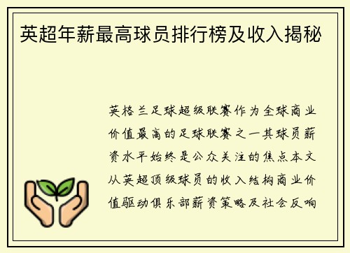 英超年薪最高球员排行榜及收入揭秘